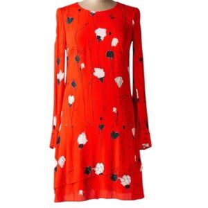 Hugo Boss Floral Midi Dress Tiered Skirt Long Sleeve Lightweight Crew Neck Red 6